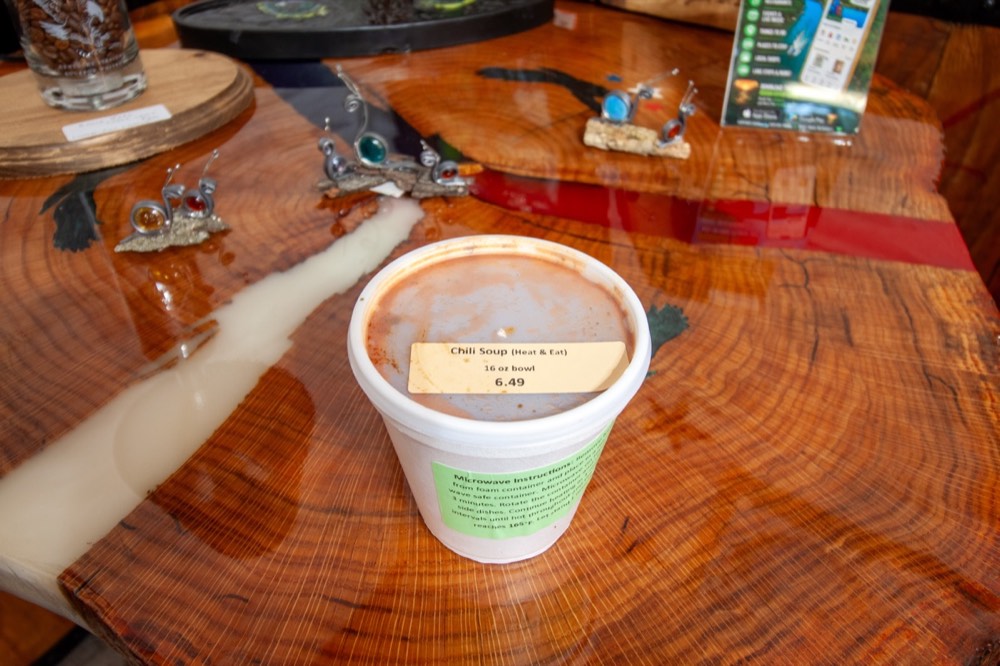 A 16-ounce container of Lakehouse chili soup